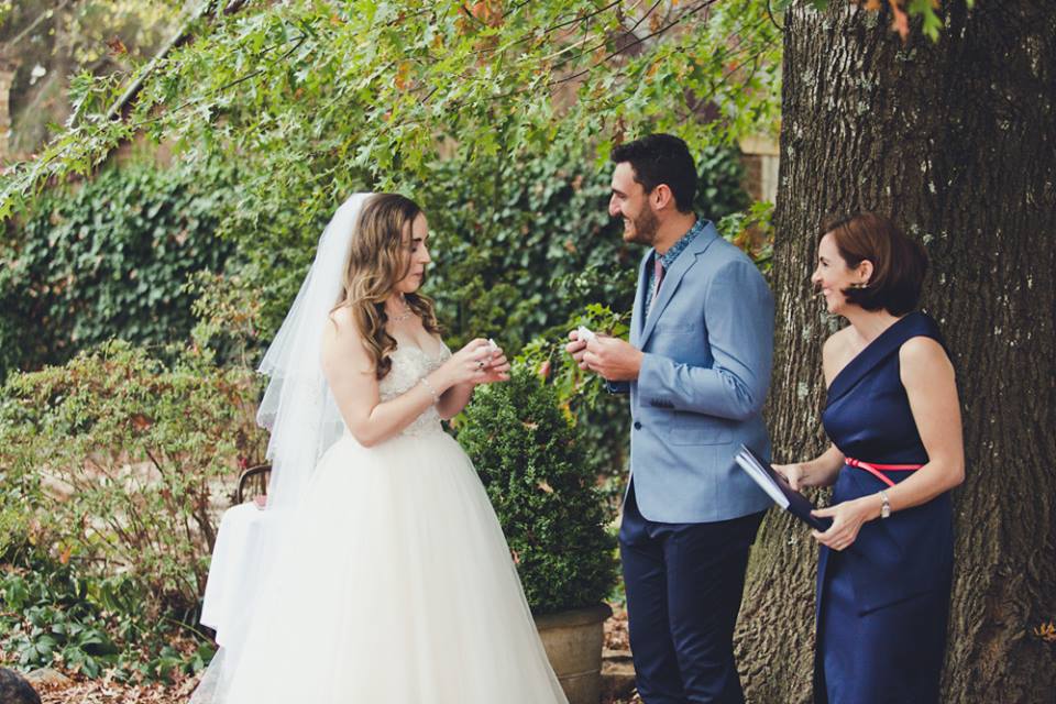 Married couple smiling, wedding day