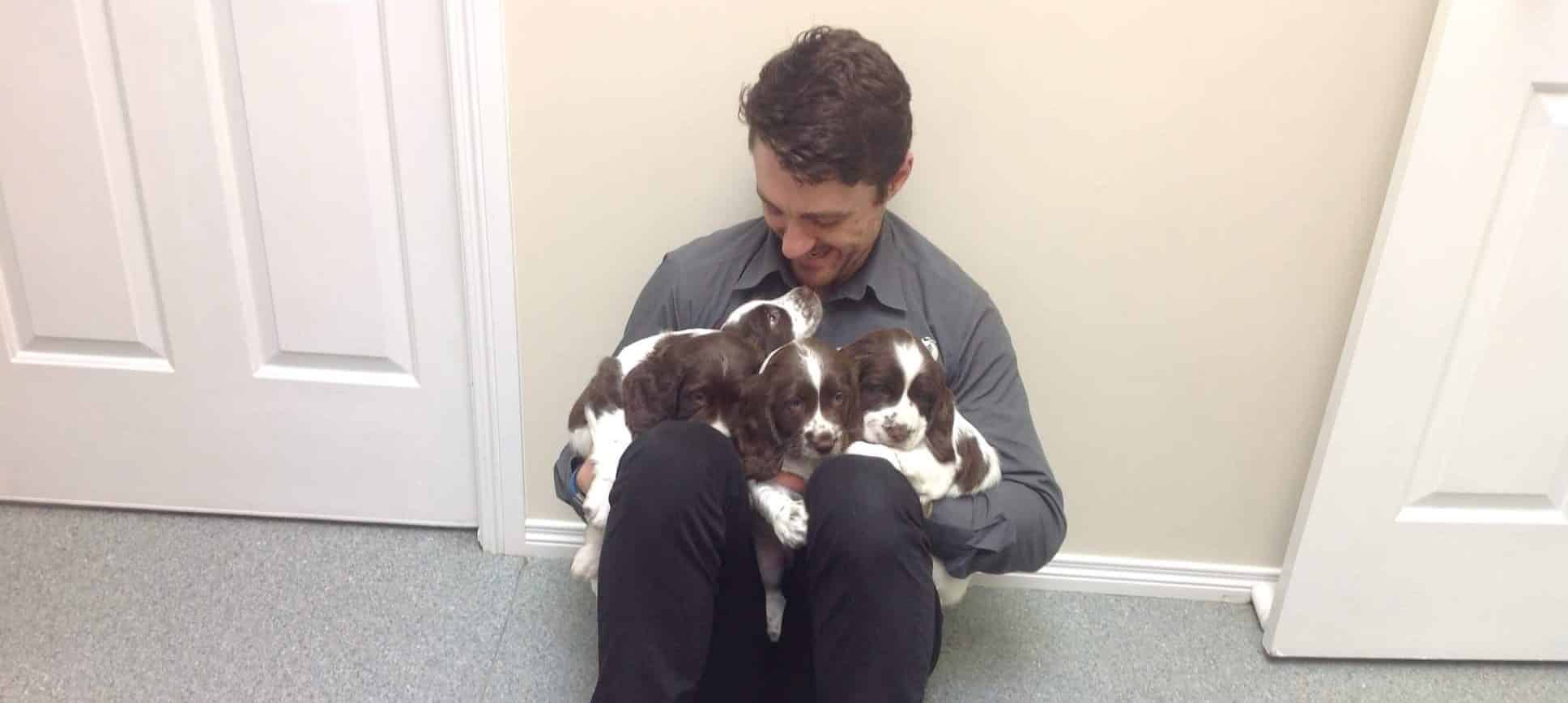 man holding three puppies while sitting down