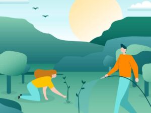 person caring for plant, person watering plant, birds flying 2
