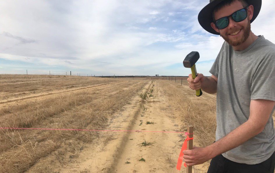 Man wearing glasses and a hat hammering a wooden stake into the ground of a sandy paddock.