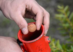 Close up photo of a persons hands holding a small round nut and a red metal tube.