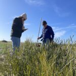 Girl wearing a black jacket and pink beanie taking notes on a clipboard next to a man holding a measuring stick with a native Australian shrub in the foreground.