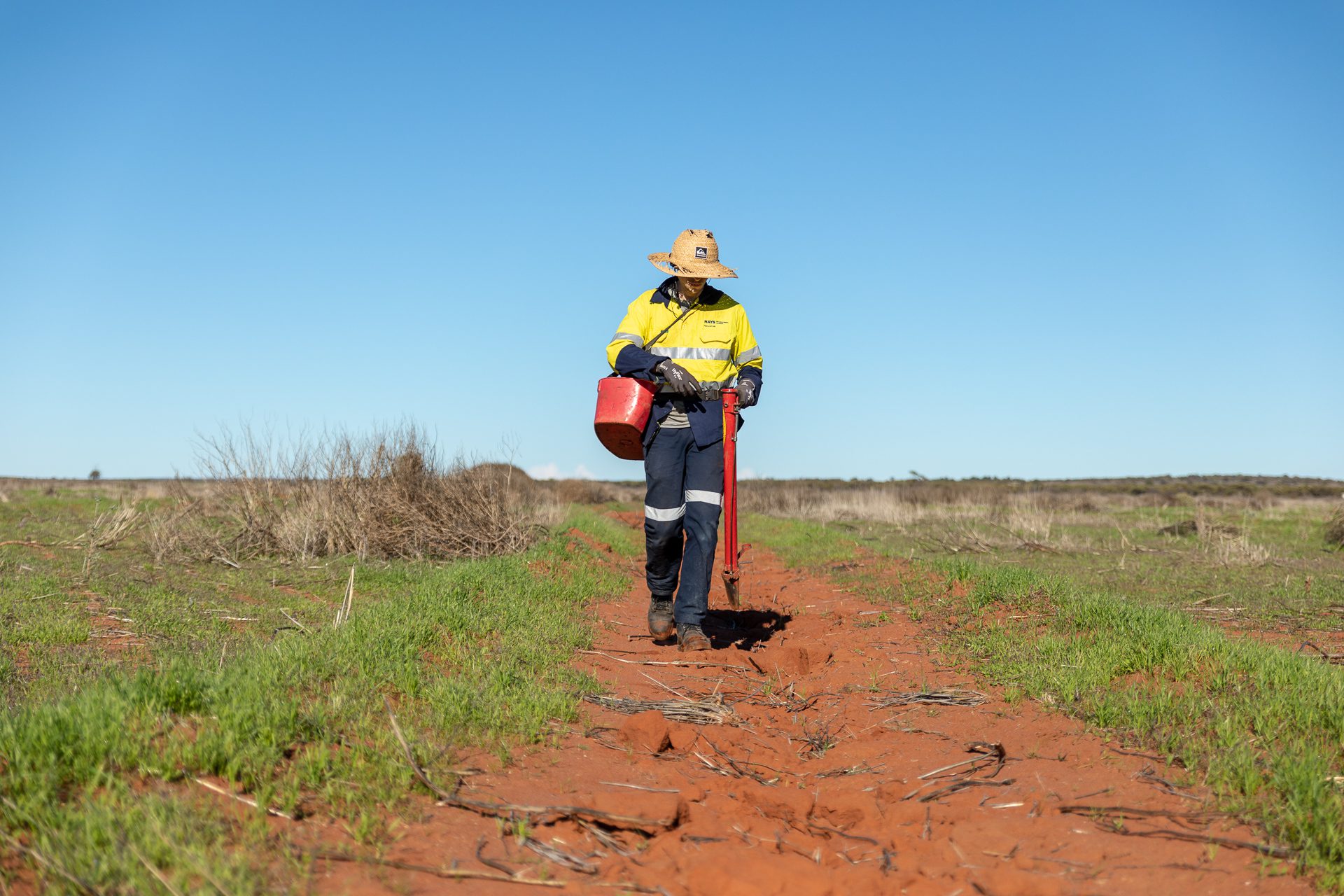Person in high vis shirt walking towards camera holding a kidney bucket full of seedlings and a pottiputki planting device