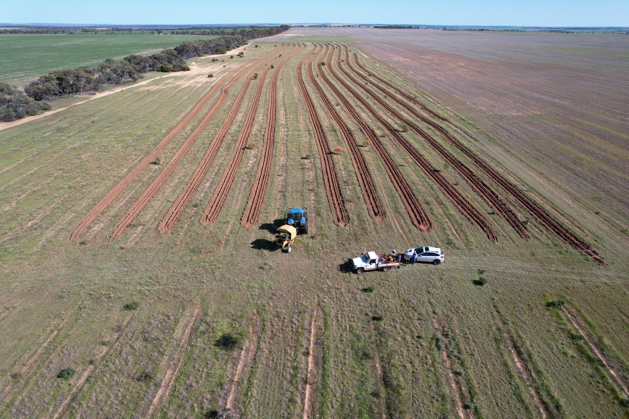 Drone photo of tree planting project with tractor and cars in the foreground