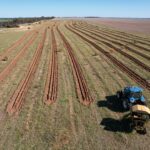 Drone photo of tree planting project with tractor in the foreground