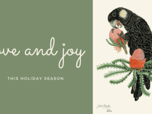 Original Carnaby's Black Cockatoo and Acorn Banksia illustration painted by Sami Bayly for a holiday ecard with donation.