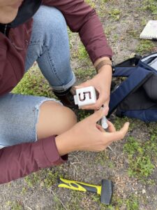 Person drawing number onto plastic plot marker