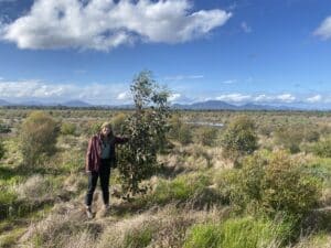 Woman standing next to a Eucalyptus tree with the Stirling Ranges visible in the background.