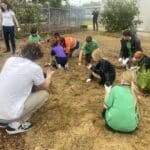 Kids and teachers standing and crouching in planting area, planting seedlings in the ground