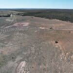 Drone shot over bare paddock with ripped lines ready for planting native trees