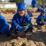 Girl crouching holding a seedling