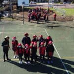 Drone shot of kids on a basketball court