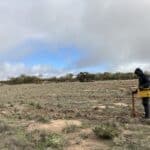 Person wearing a black hoodie using a tree planting device to plant native trees in a bare field