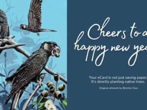 Black cockatoos happy new year eCard – art by Brenton See