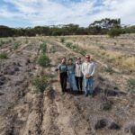 Four people standing in between the planting rows.