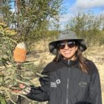 Woman standing next to a flowering banksia tree.