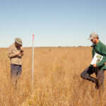 Two people within monitoring plot with plot marker.